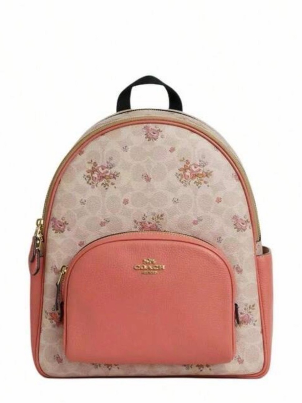 COACH Coral Pink Floral Signature Backpack with Gold-Tone Hardware